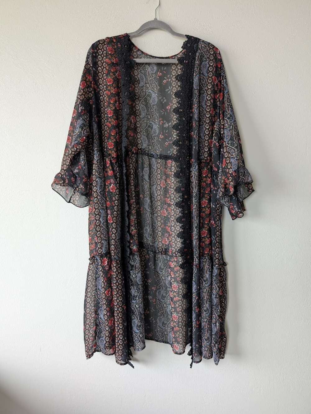 Sheer Floral Paisley Kimono Cardigan Lace Trim Black Multi Size L/XL